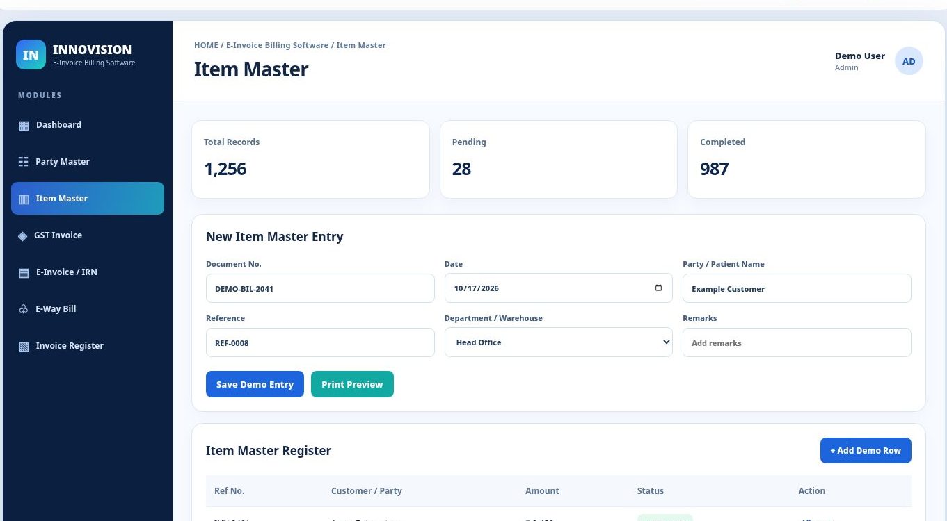 E-Invoice Billing Software dashboard