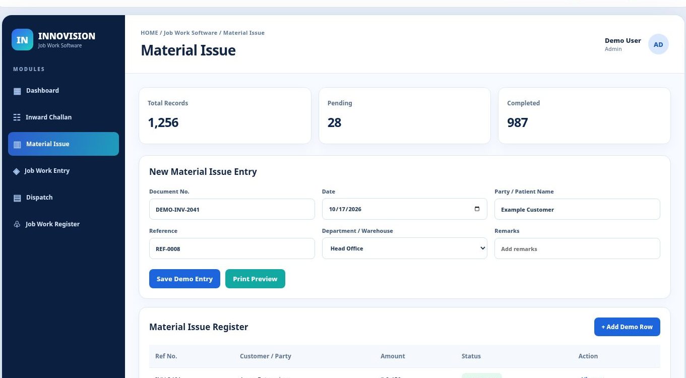 Job Work Software dashboard