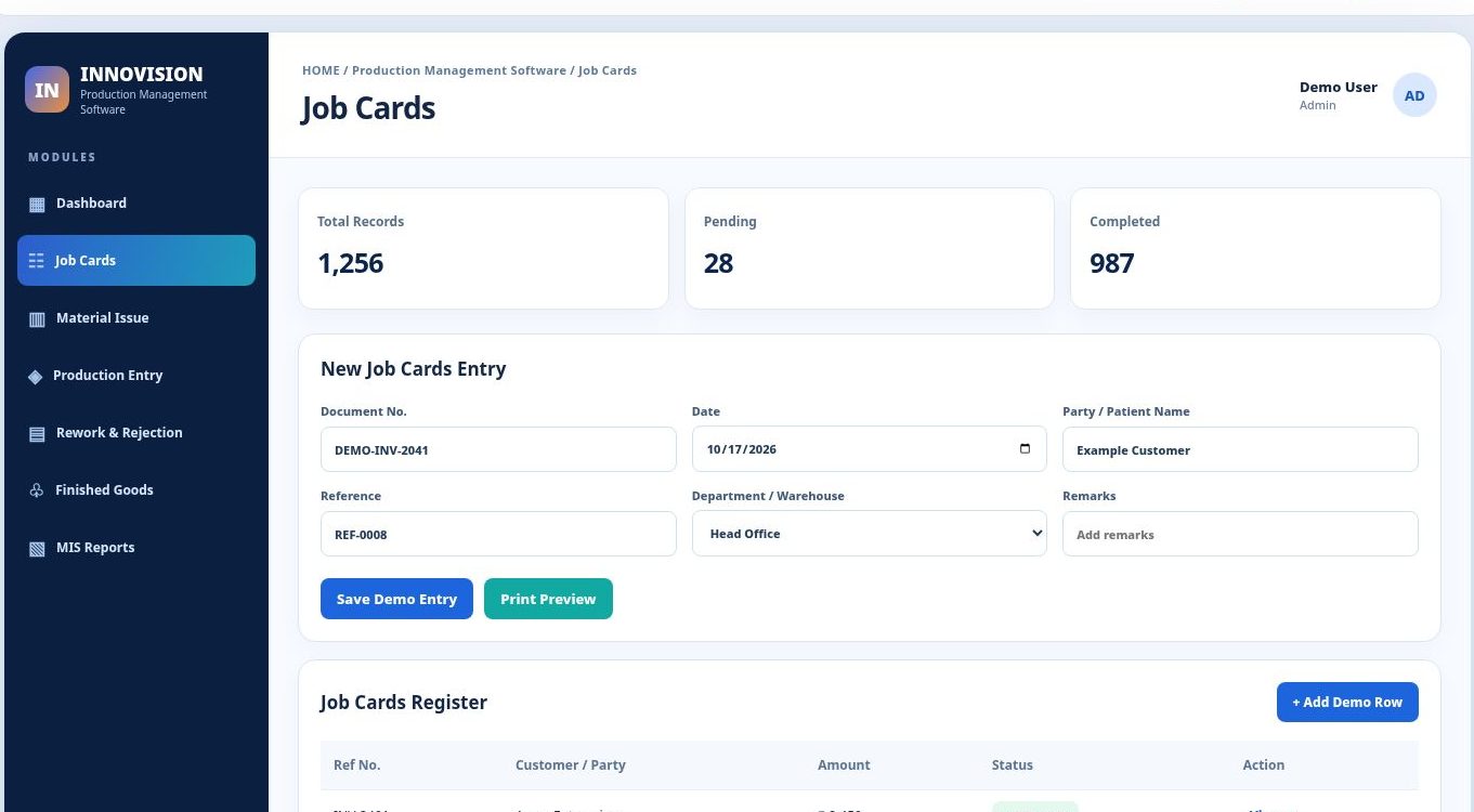 Production Management Software dashboard