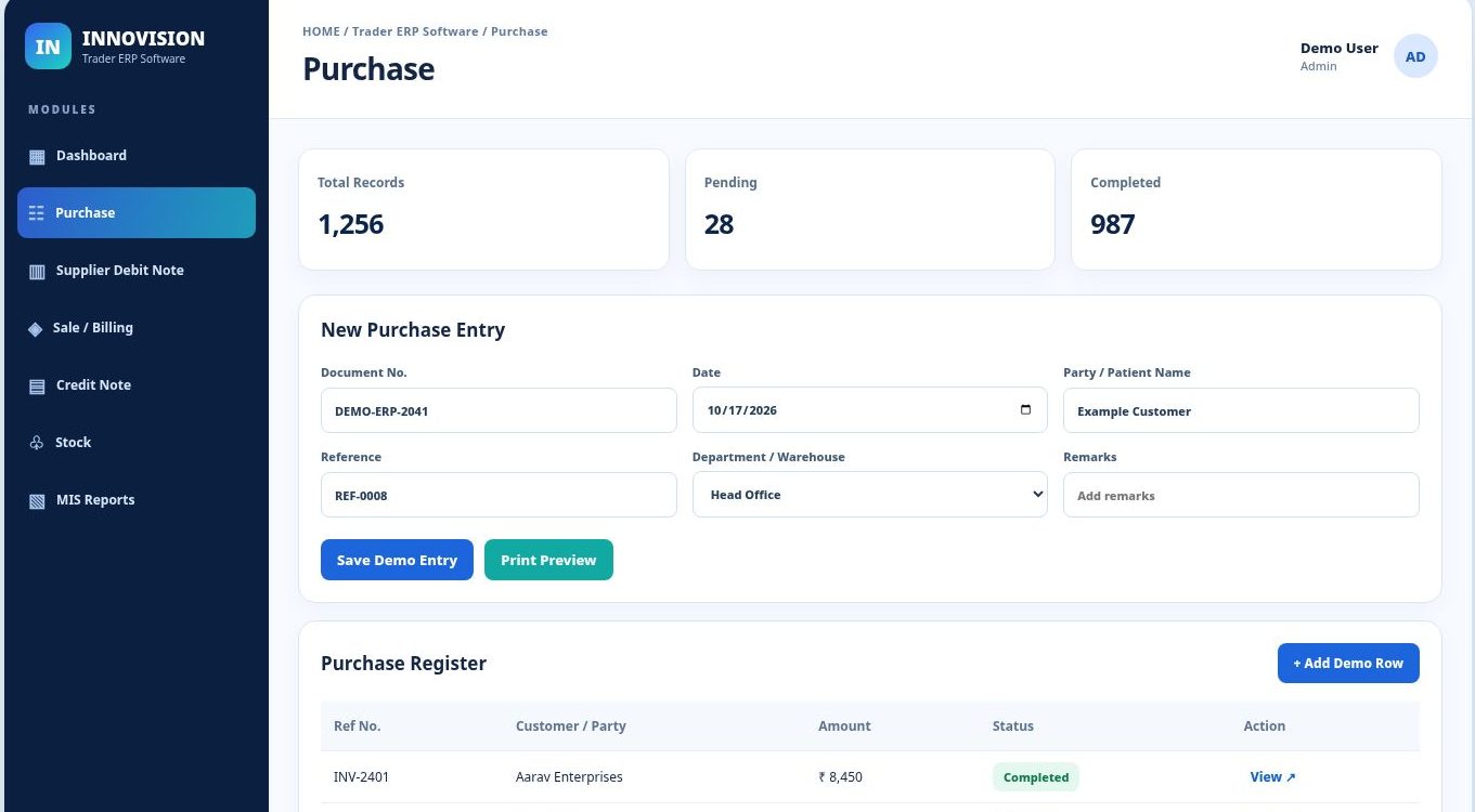 Trader ERP Software dashboard
