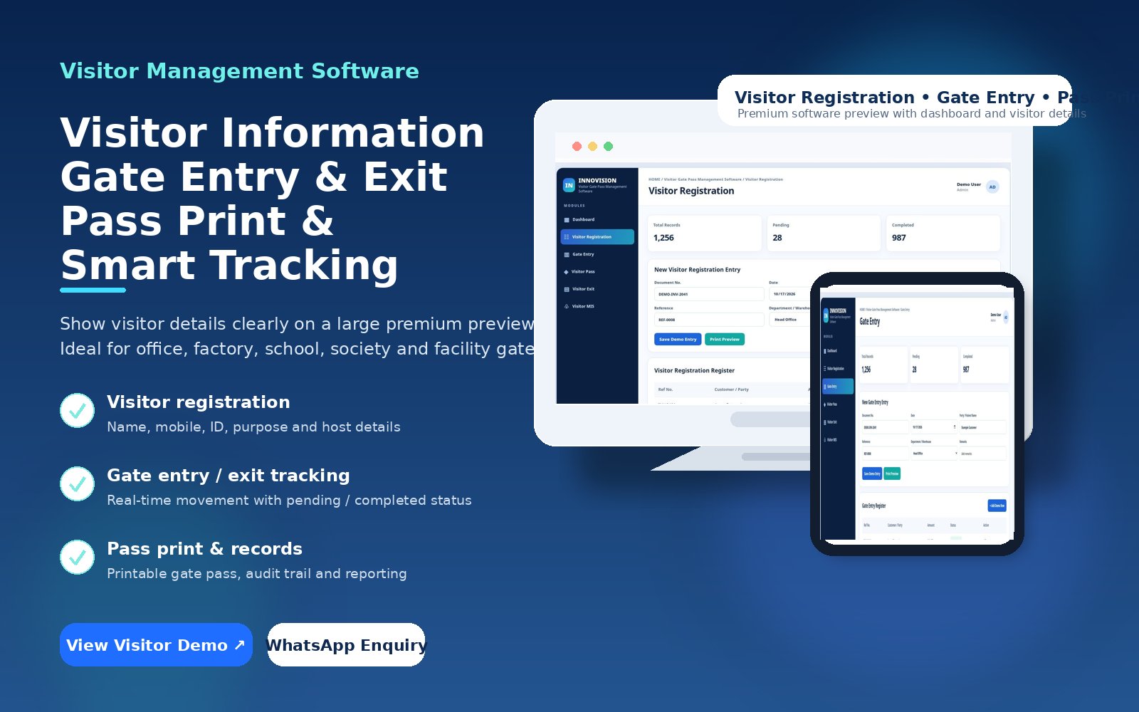 Visitor management software large preview with visitor information and gate entry preview