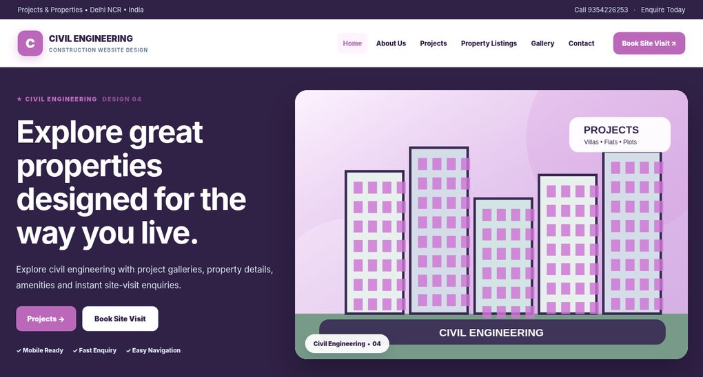 Preview screenshot of Construction Website Design design 04, click to open interactive pages