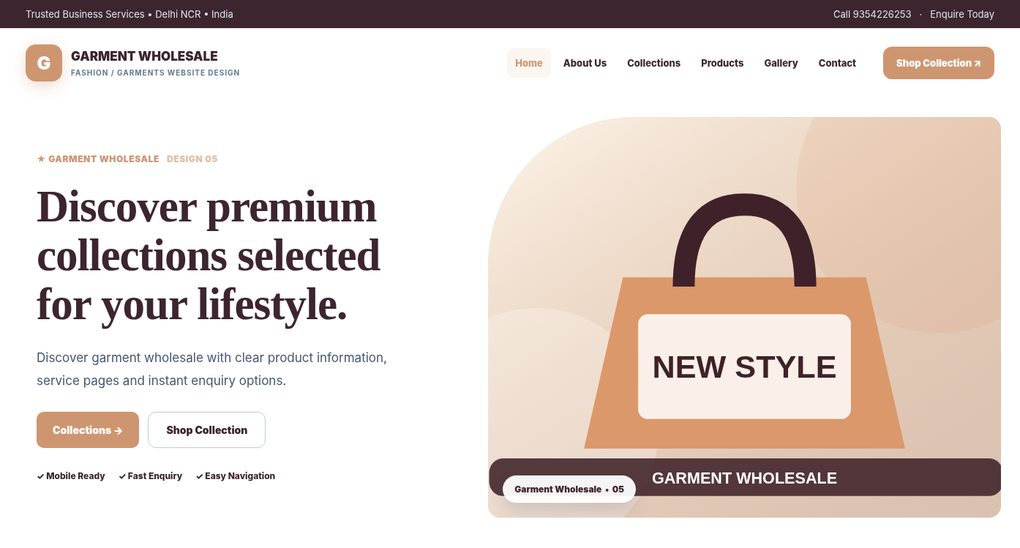 Preview screenshot of Fashion / Garments Website Design design 05, click to open interactive pages