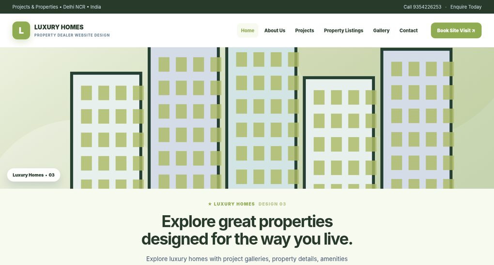 Preview screenshot of Property Dealer Website Design design 03, click to open interactive pages