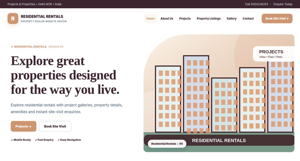 Preview screenshot of Property Dealer Website Design design 05, click to open interactive pages